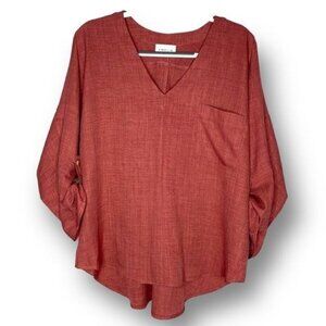 Emilia Medium Faded Red Rust Chambray High Low Relaxed Fit Flowy Comfy Blouse